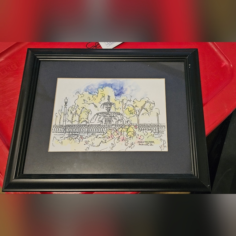 Framed With Matte Drawing Of Forsyth Park In Savannah, Georgia